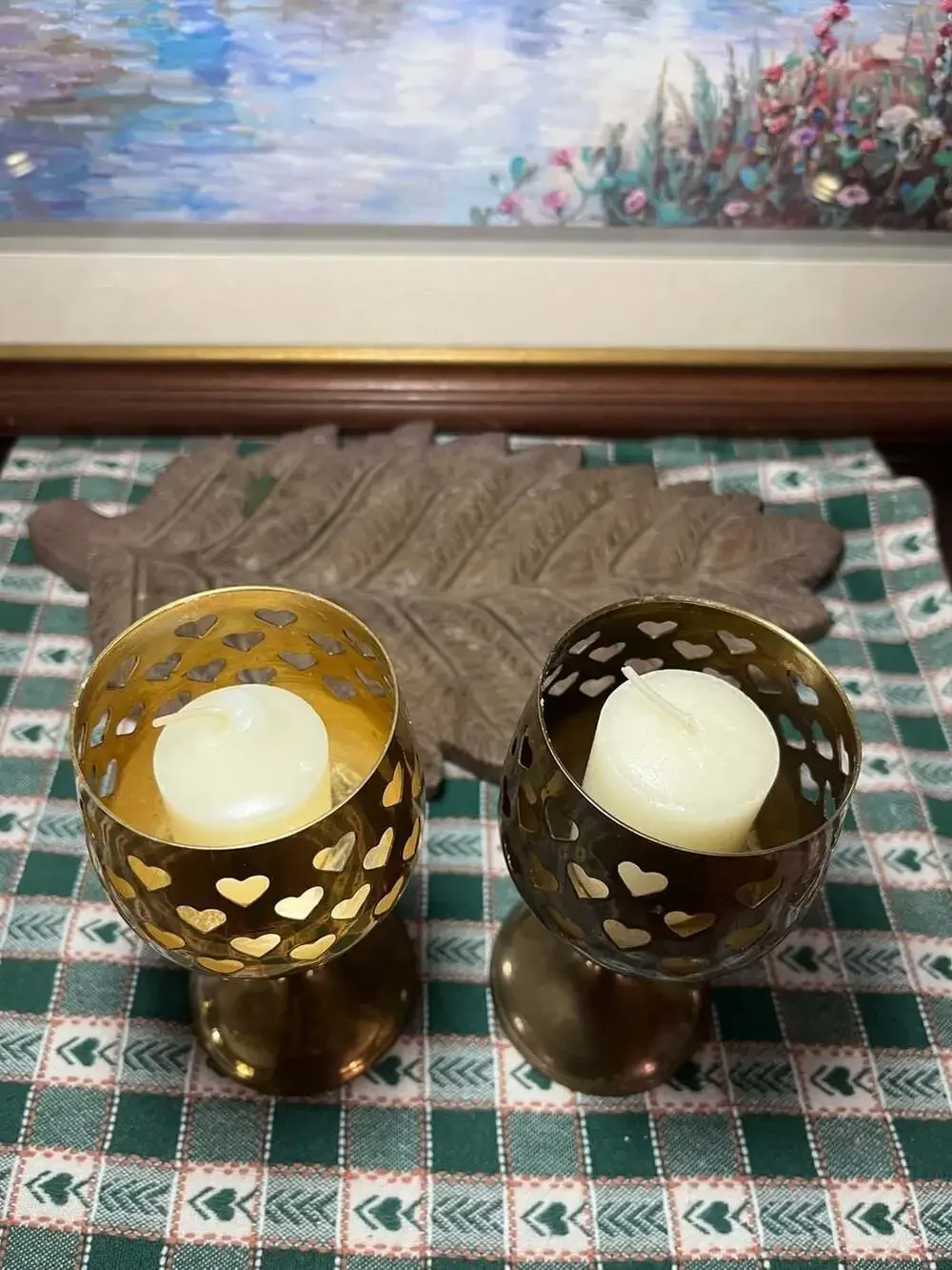 Vintage Hosley Brass Heart Cutout Goblet Votive Candle Holders, Set of 2